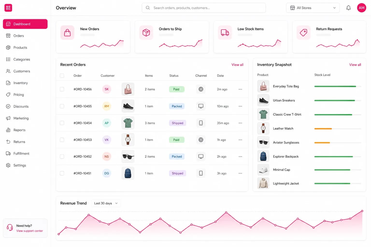An e-commerce admin console: a recent-orders table with payment and shipping statuses, an inventory panel showing stock levels, and a revenue trend chart.