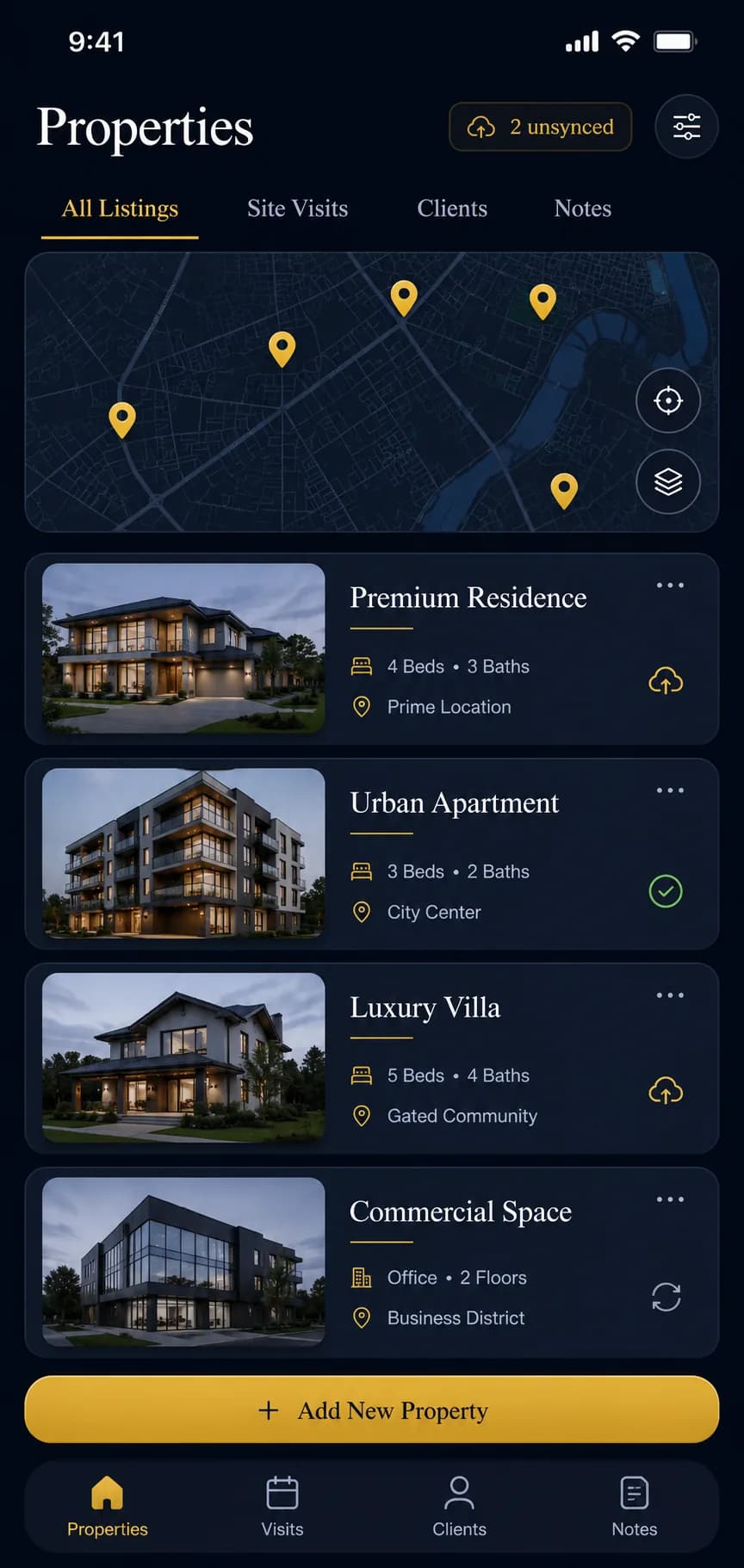 A mobile app for property agents: a map of listing pins above a scrolling list of properties, each showing bed and bath counts, an area label and a sync indicator.